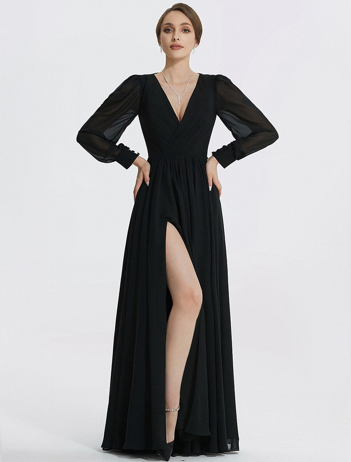 Luolandi A-Line Evening Gown Elegant Dress Formal Floor Length Long Sleeve V Neck Chiffon